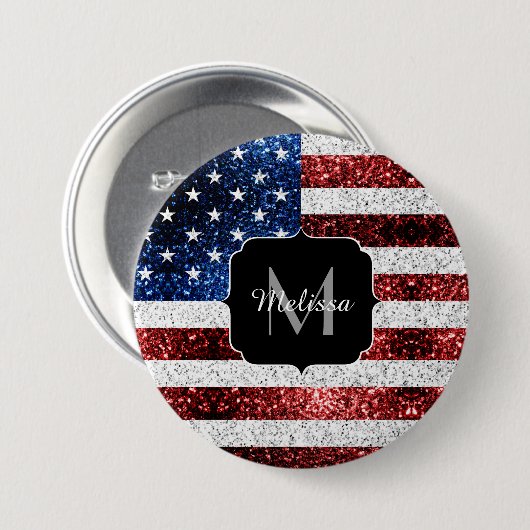 USA Flaggen Rot-Blau-Glitzern Glitzern Monogram Button (Vorne & Hinten)