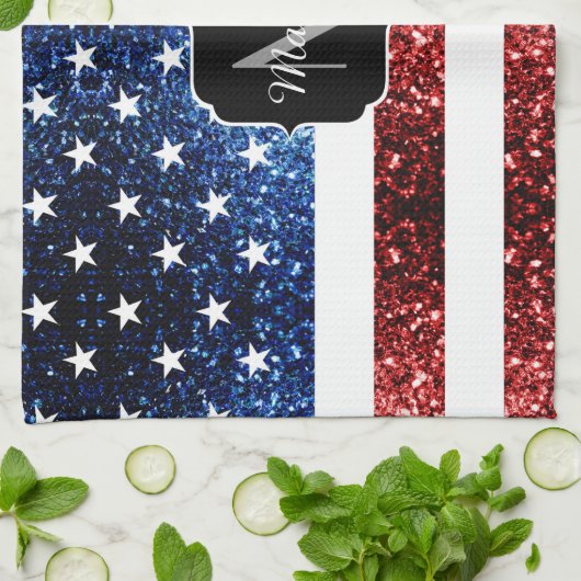 USA Flaggen Rot-Blau-Glitzern Glitzern Monogram Geschirrtuch (Gefaltet)