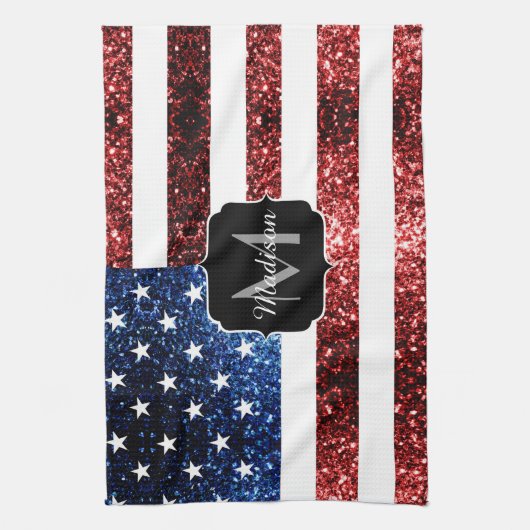 USA Flaggen Rot-Blau-Glitzern Glitzern Monogram Geschirrtuch (Vertikal)