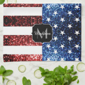 USA Flaggen Rot-Blau-Glitzern Glitzern Monogram Geschirrtuch (Gefaltet)