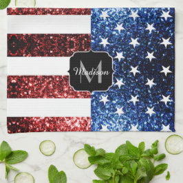 USA Flaggen Rot-Blau-Glitzern Glitzern Monogram Geschirrtuch