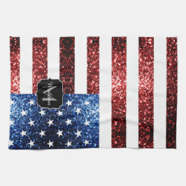 USA Flaggen Rot-Blau-Glitzern Glitzern Monogram Geschirrtuch