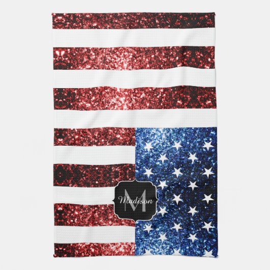 USA Flaggen Rot-Blau-Glitzern Glitzern Monogram Geschirrtuch (Vertikal)