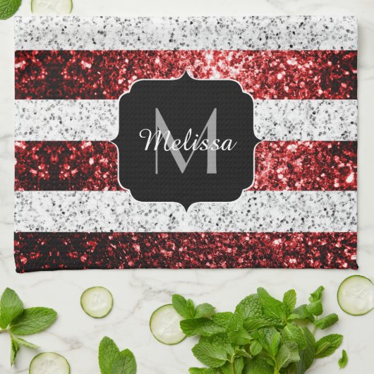 USA Flaggen Rot-Blau-Glitzern Glitzern Monogram Geschirrtuch (Gefaltet)