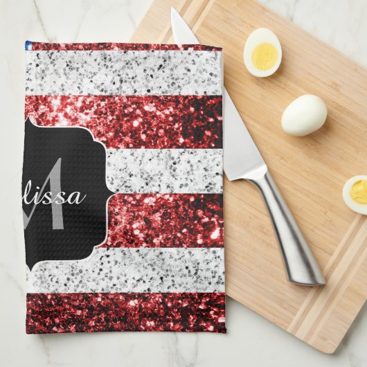 USA Flaggen Rot-Blau-Glitzern Glitzern Monogram Geschirrtuch (Viertel Falte)