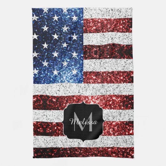 USA Flaggen Rot-Blau-Glitzern Glitzern Monogram Geschirrtuch (Vertikal)