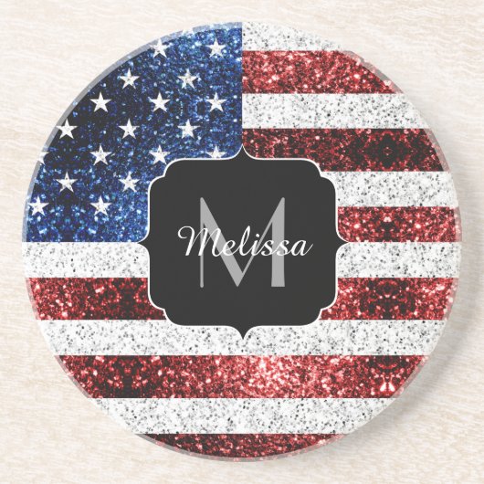 USA Flaggen Rot-Blau-Glitzern Glitzern Monogram Getränkeuntersetzer (Vorne)