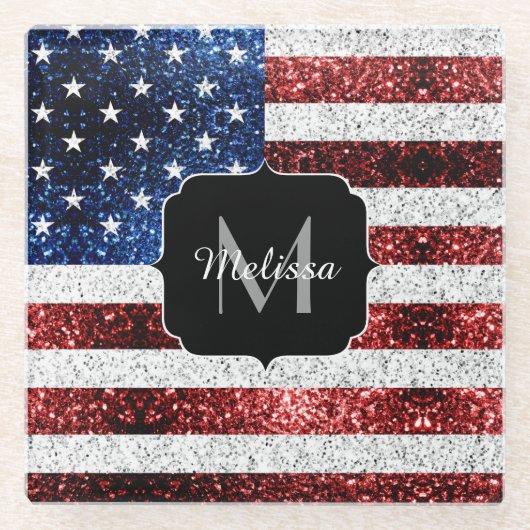 USA Flaggen Rot-Blau-Glitzern Glitzern Monogram Glasuntersetzer (Vorderseite)