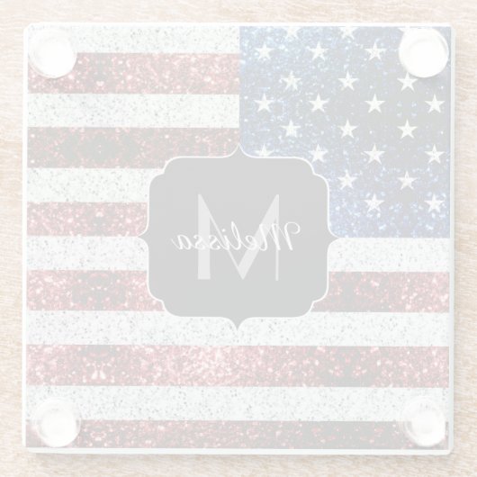 USA Flaggen Rot-Blau-Glitzern Glitzern Monogram Glasuntersetzer (Rückseite)