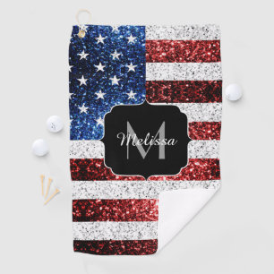 USA Flaggen Rot-Blau-Glitzern Glitzern Monogram Golfhandtuch