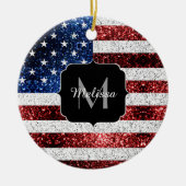 USA Flaggen Rot-Blau-Glitzern Glitzern Monogram Keramik Ornament (Vorne)