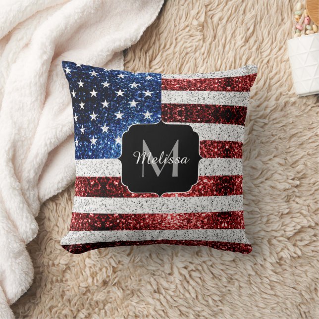 USA Flaggen Rot-Blau-Glitzern Glitzern Monogram Kissen (Decke)