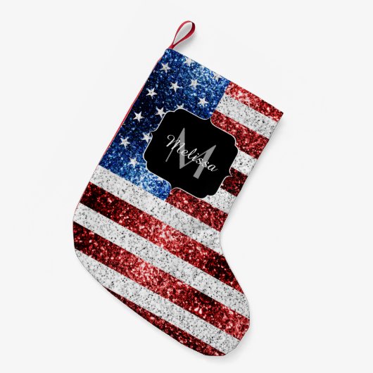 USA Flaggen Rot-Blau-Glitzern Glitzern Monogram Kleiner Weihnachtsstrumpf (Vorderansicht (hängend))