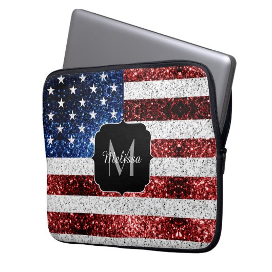 USA Flaggen Rot-Blau-Glitzern Glitzern Monogram Laptopschutzhülle (Vorderseite Links)