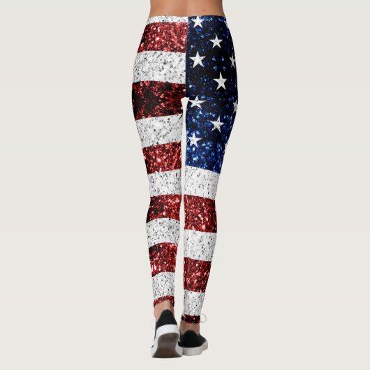 USA Flaggen Rot-Blau-Glitzern Glitzern Monogram Leggings (Rückseite)