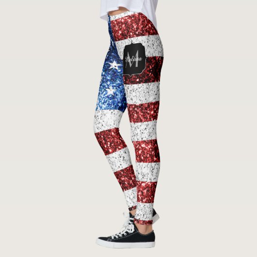 USA Flaggen Rot-Blau-Glitzern Glitzern Monogram Leggings (Links)