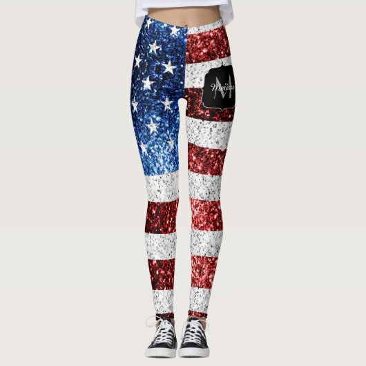 USA Flaggen Rot-Blau-Glitzern Glitzern Monogram Leggings (Vorderseite)