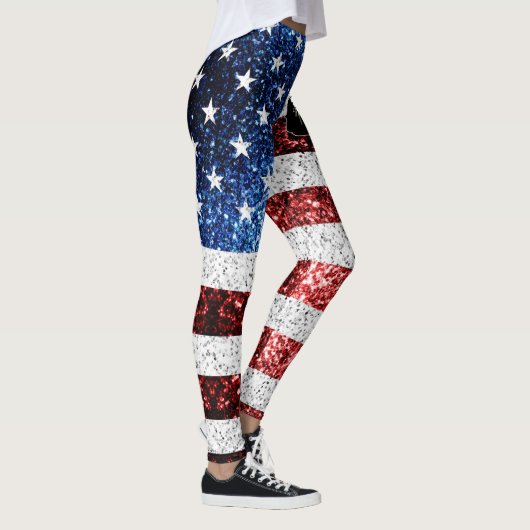 USA Flaggen Rot-Blau-Glitzern Glitzern Monogram Leggings (Rechts)