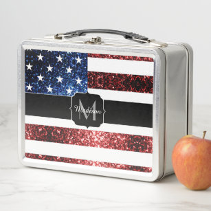 USA Flaggen Rot-Blau-Glitzern Glitzern Monogram Metall Lunch Box