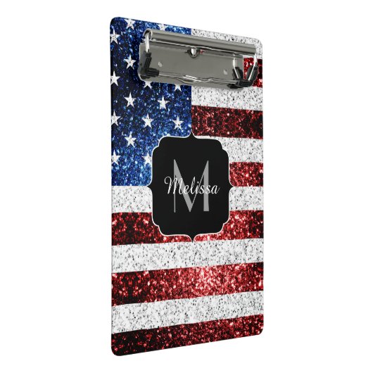 USA Flaggen Rot-Blau-Glitzern Glitzern Monogram Mini Klemmbrett (Schrägansicht)