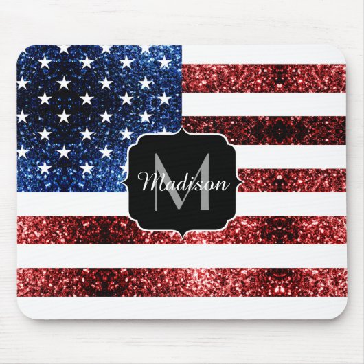 USA Flaggen Rot-Blau-Glitzern Glitzern Monogram Mousepad (Vorne)