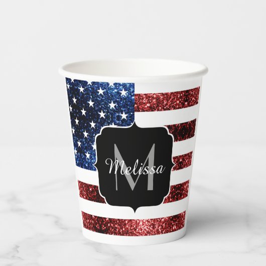 USA Flaggen Rot-Blau-Glitzern Glitzern Monogram Pappbecher (Rückseite)