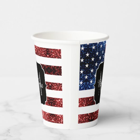 USA Flaggen Rot-Blau-Glitzern Glitzern Monogram Pappbecher (Rechts)