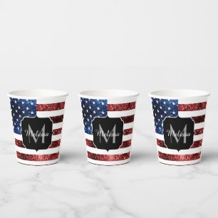 USA Flaggen Rot-Blau-Glitzern Glitzern Monogram Pappbecher