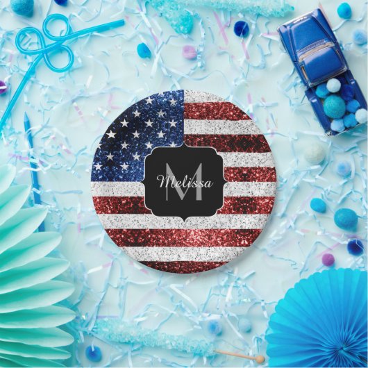 USA Flaggen Rot-Blau-Glitzern Glitzern Monogram Pappteller (Party)