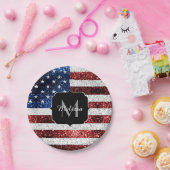 USA Flaggen Rot-Blau-Glitzern Glitzern Monogram Pappteller (Party)
