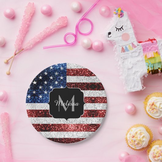 USA Flaggen Rot-Blau-Glitzern Glitzern Monogram Pappteller (Party)