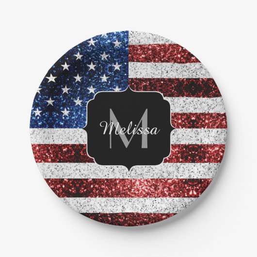 USA Flaggen Rot-Blau-Glitzern Glitzern Monogram Pappteller (Vorderseite)