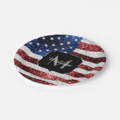 USA Flaggen Rot-Blau-Glitzern Glitzern Monogram Pappteller (Schrägansicht)