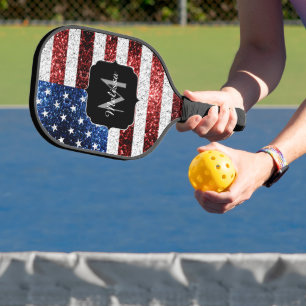 USA Flaggen Rot-Blau-Glitzern Glitzern Monogram Pickleball Schläger