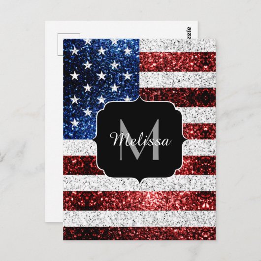 USA Flaggen Rot-Blau-Glitzern Glitzern Monogram Postkarte (Vorne/Hinten)