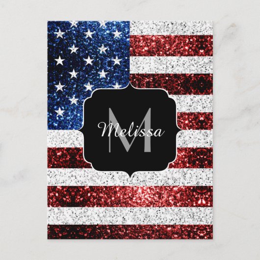 USA Flaggen Rot-Blau-Glitzern Glitzern Monogram Postkarte (Vorderseite)