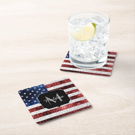 USA Flaggen Rot-Blau-Glitzern Glitzern Monogram Rechteckiger Pappuntersetzer (Vor Ort)