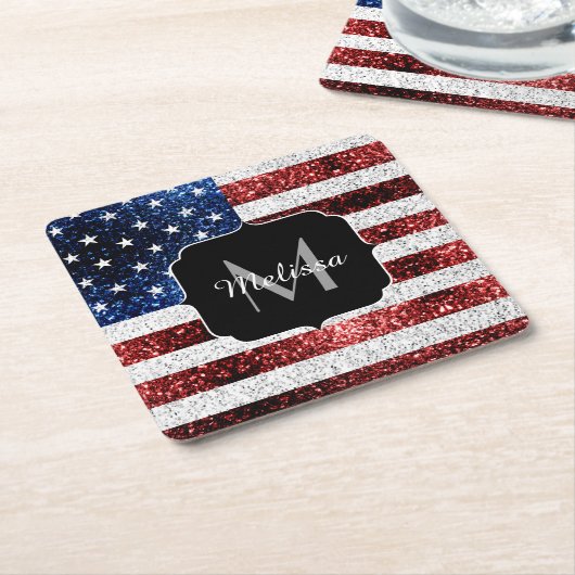 USA Flaggen Rot-Blau-Glitzern Glitzern Monogram Rechteckiger Pappuntersetzer (angewinkelt)