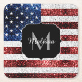 USA Flaggen Rot-Blau-Glitzern Glitzern Monogram Rechteckiger Pappuntersetzer (Vorderseite)