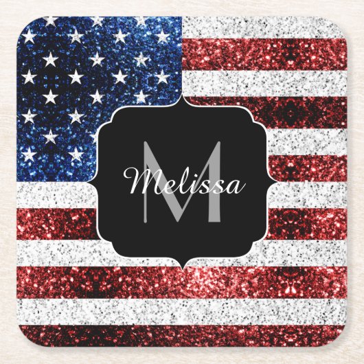 USA Flaggen Rot-Blau-Glitzern Glitzern Monogram Rechteckiger Pappuntersetzer (Vorderseite)