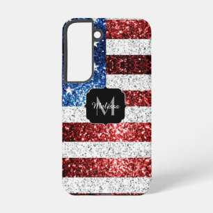 USA Flaggen Rot-Blau-Glitzern Glitzern Monogram Samsung Galaxy Hülle