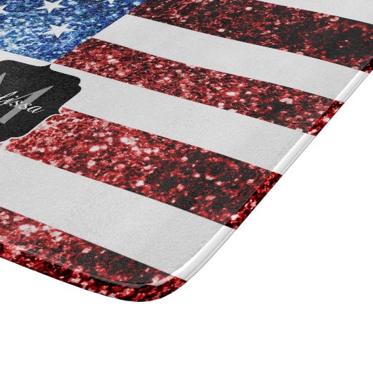 USA Flaggen Rot-Blau-Glitzern Glitzern Monogram Schneidebrett (Ecke)