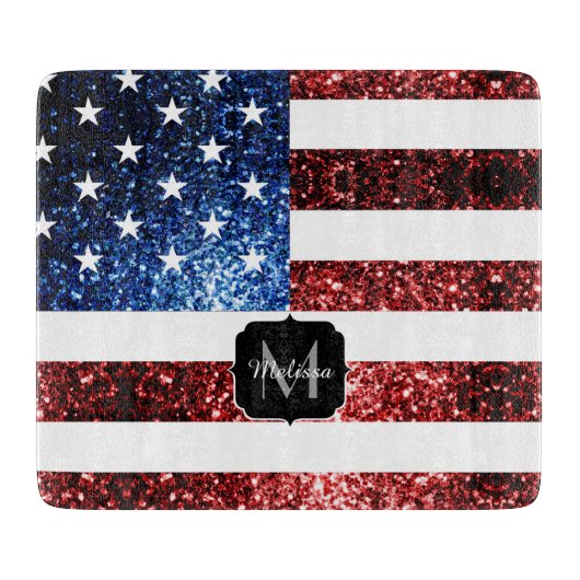 USA Flaggen Rot-Blau-Glitzern Glitzern Monogram Schneidebrett (Vorderseite)