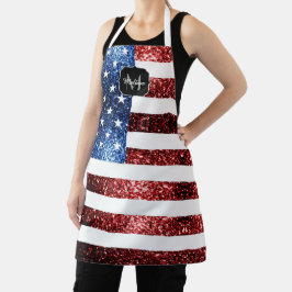 USA Flaggen Rot-Blau-Glitzern Glitzern Monogram Schürze