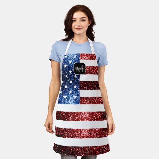 USA Flaggen Rot-Blau-Glitzern Glitzern Monogram Schürze (Getragen)
