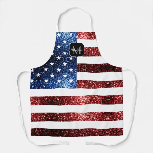 USA Flaggen Rot-Blau-Glitzern Glitzern Monogram Schürze (Vorderseite)