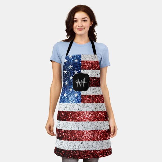 USA Flaggen Rot-Blau-Glitzern Glitzern Monogram Schürze (Getragen)