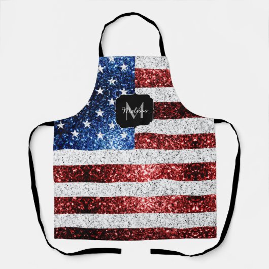 USA Flaggen Rot-Blau-Glitzern Glitzern Monogram Schürze (Vorderseite)