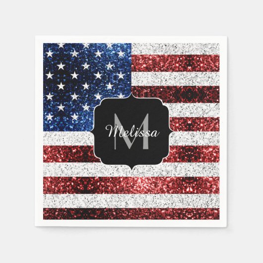 USA Flaggen Rot-Blau-Glitzern Glitzern Monogram Serviette (Vorderseite)