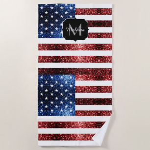 USA Flaggen Rot-Blau-Glitzern Glitzern Monogram Strandtuch